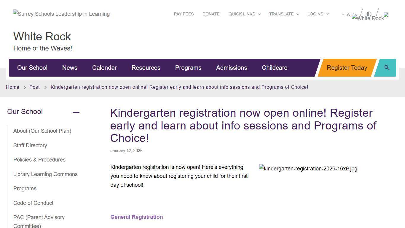 Kindergarten registration now open online! Register early and learn about info sessions and Programs of Choice!