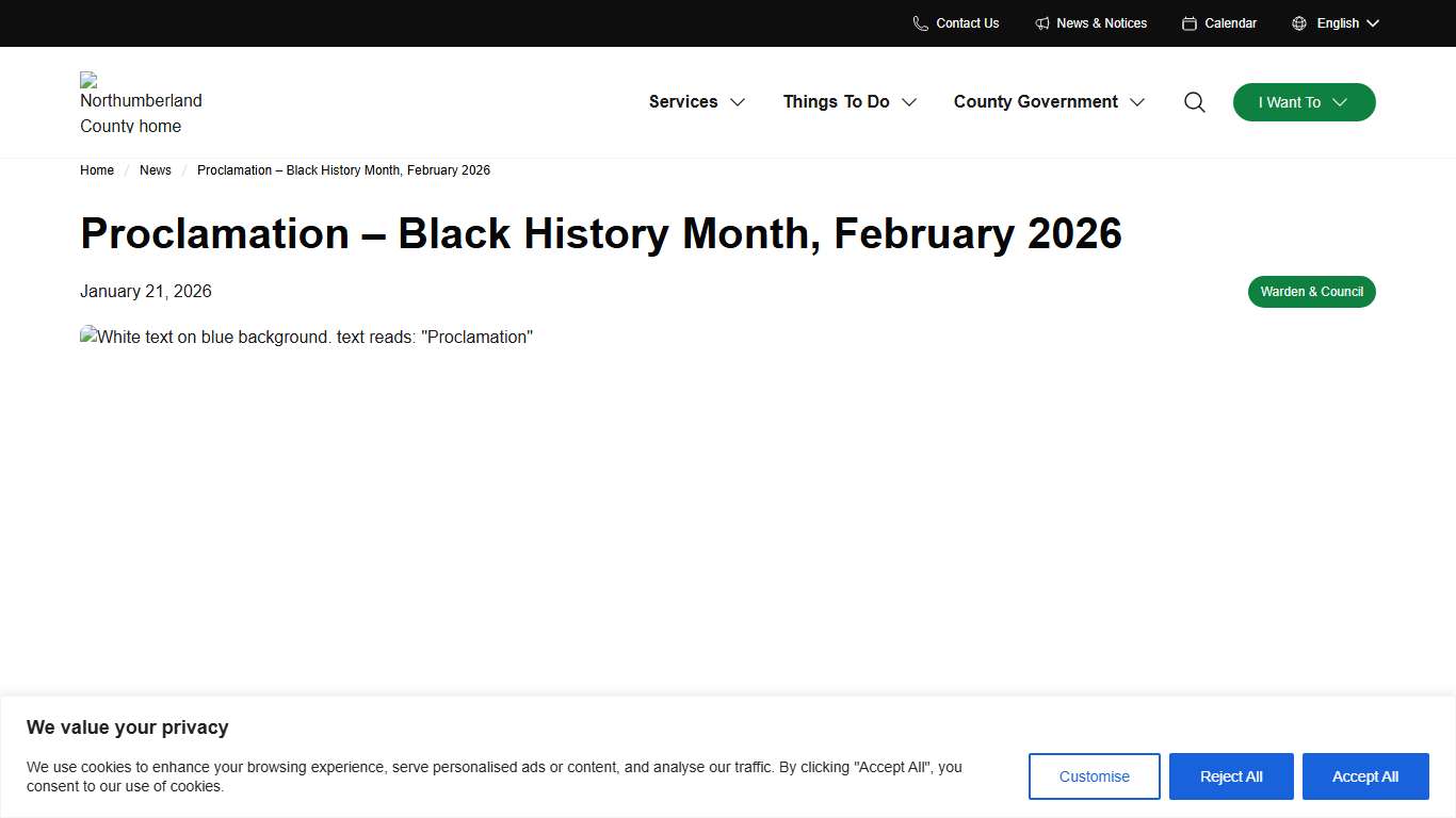 Proclamation - Black History Month, February 2026 - Northumberland County